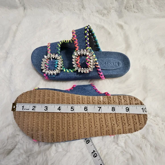 Mystique Luxury Denim Slides Sandals Crystal Buckle Size 8.5 (Fit 8-8.5) NWOB - Picture 10 of 13